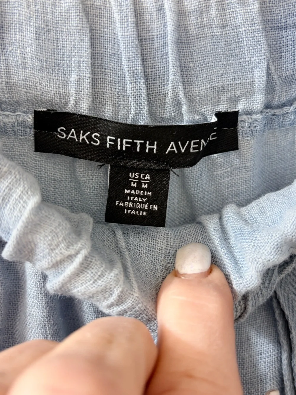 Saks Fifth Avenue 100% Linen Chambray Blue Wide-Leg Sequin-Trim Pants Medium